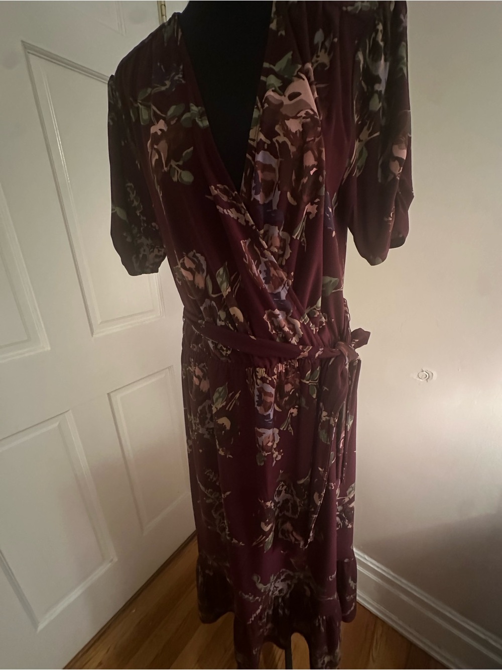 Ralph Lauren Burgundy Floral Wrap Midi Dress with Tie